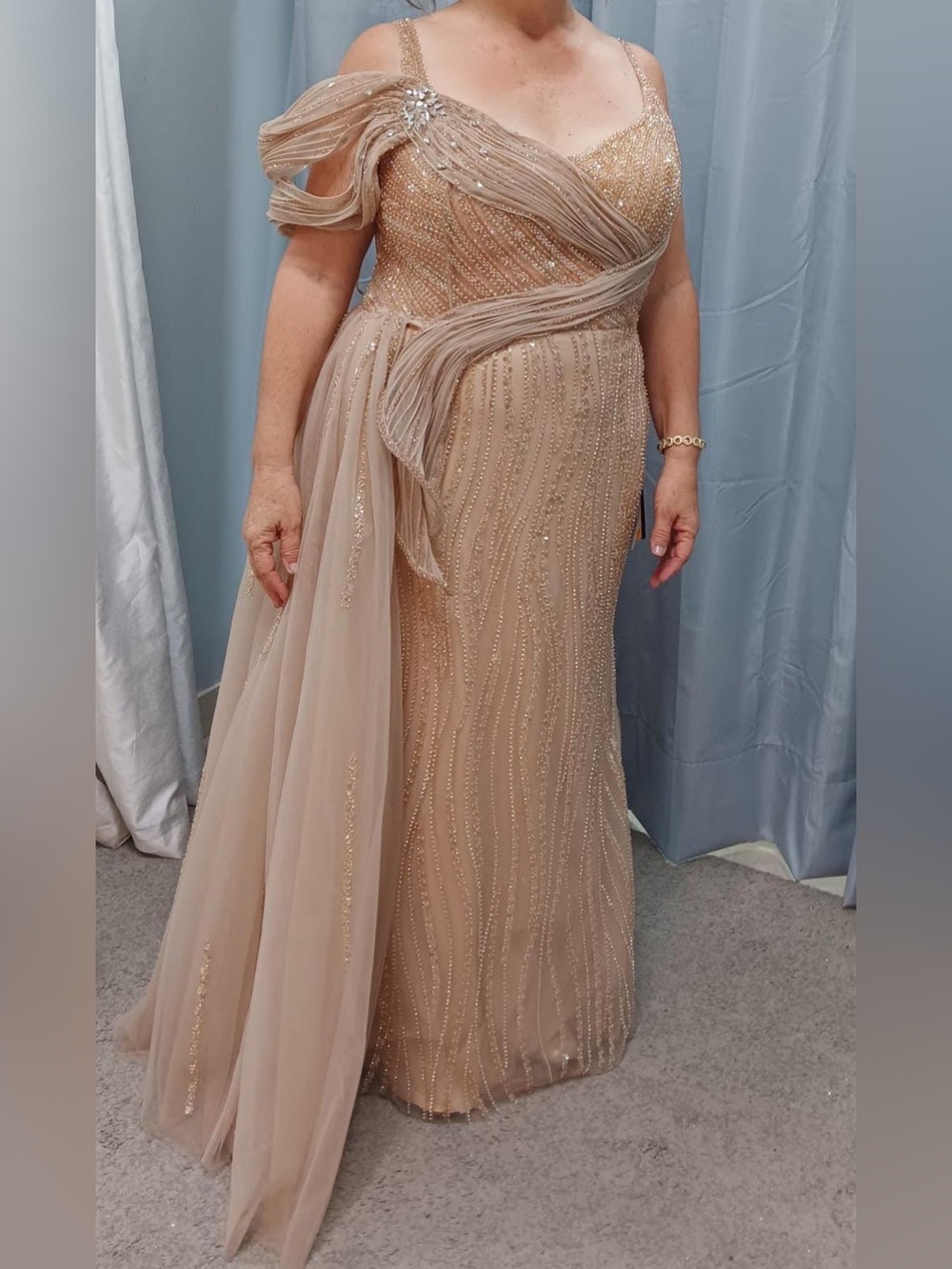 Sequin Draped Formal Dress in Champagne